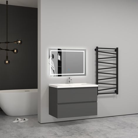 Aica Sanitaire – Meuble salle de bain anthracite 79x44.5x52cm – 2 tiroirs à fermeture amortie – Vasque suspendue en MDF – Montage facile avec vis fournies (1/5)