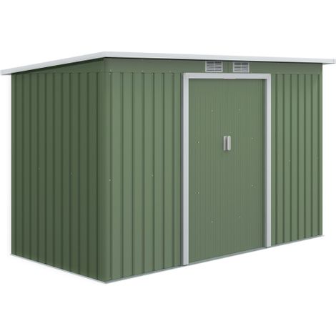 Abri de jardin vert clair 280 x 130 x 172 cm avec porte coulissante, fenêtre d'aération et toit pentu, en acier pour l'extérieur – 1 pièce, livraison sur place (1/5)