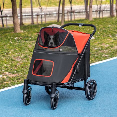 Poussette pliable en un clic à 4 roues pour chiens de grande et moyenne taille, avec ouvertures zippées et fenêtres en filet, en acier et Oxford, 112 x 65 x 100 cm, rouge et noir.