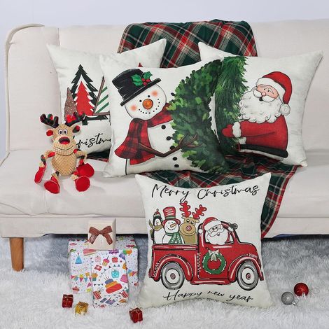 Christmas Santa Claus cushion cover, 45x45 cm, cotton linen, home decor, party decoration, sofa, bedroom, chair, winter decor, set of 4