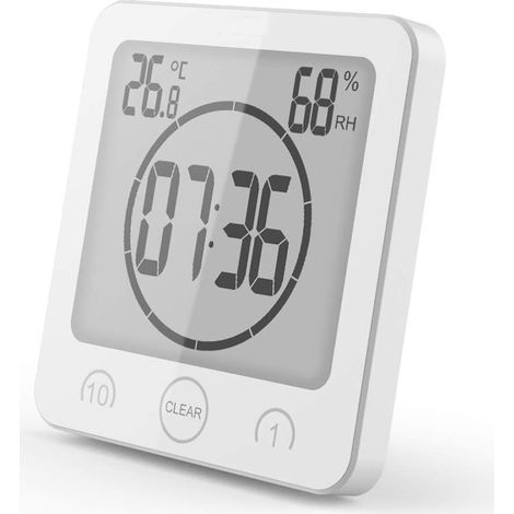 Horloge de douche numérique à écran LCD - Étanche - Minuteur de température et d'humidité - Minuteur de cuisine - Blanc (1/4)
