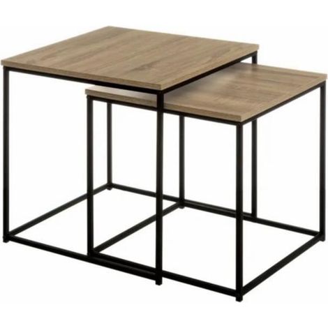 Set de 2 tables basses coloris naturel-noir - Longueur 50 x Profondeur 50 x Hauteur 50 cm (1/3)