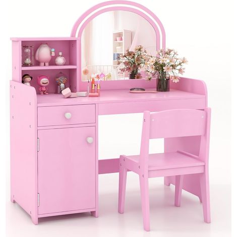 COSTWAY 2 en 1 Bureau Enfants avec Chaise & 120 Lumières LED, Coiffeuse Enfants Fille avec Miroir Acrylique, 2 Etagères & Tiroir, Dispositif Anti-basculement, Charge 50kg pour Enfants de 3 Ans+ (Rose) (1/5)