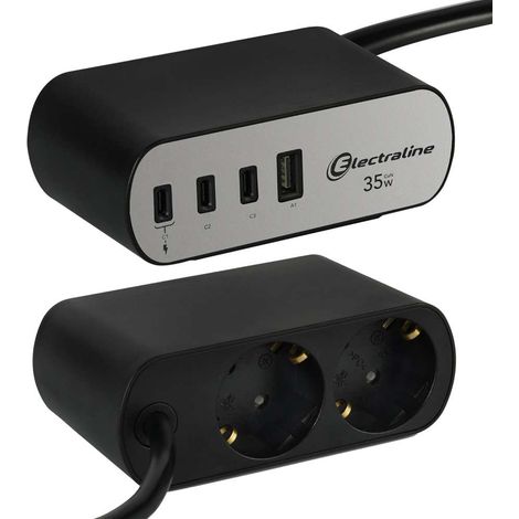 Electraline Multipresa da Scrivania - Nero - 2 Schuko e 4 USB