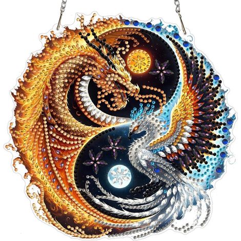 Diamond Painting Anhänger mit Kette, Phönix & Drache, Fensterbild, 20x20cm