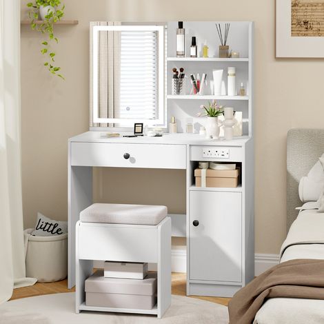 Coiffeuse avec Miroir et Lumières Table de Maquillage avec Tabouret de Rangement Coussiné Prises Électriques avec 3 Modes D'éclairage Blanc (1/3)