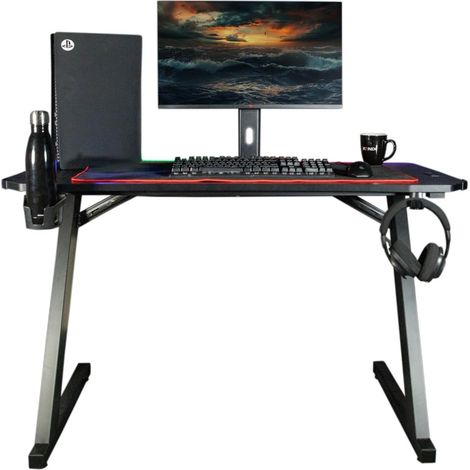 Bureau Gaming 120 x 60 x 75 cm en Forme de Z - 30 Modes éclairage LED - Structure Table métal - Porte-gobelet - Support Casque - Noir (1/5)