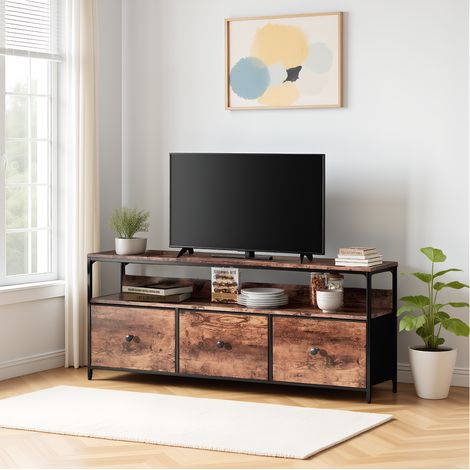 TV-Schrank mit LED, TV Lowboard mit 3 Schubladens und offenen Fächern, modern Fernsehschrank mit höhenverstellbaren Füßen, mit integriertes Kabelmanagement, Vintage-Braun, 108 x 29.8 x 57 cm (1/5)