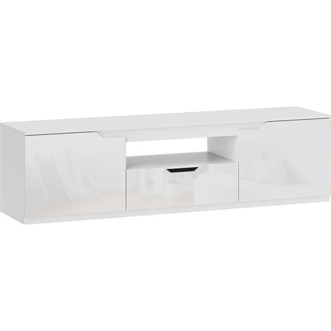 Mueble TV blanco de 160 cm con 2 puertas y 1 cajón, para televisores de hasta 65 pulgadas (1/5)