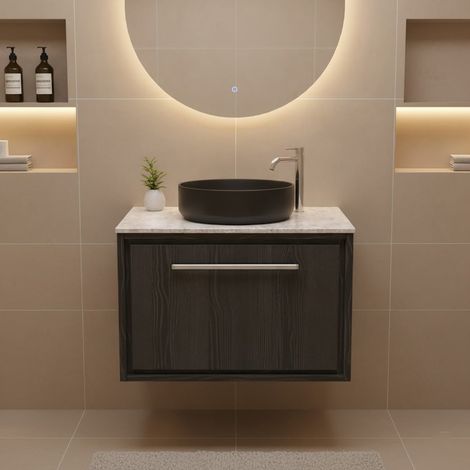 Hudson Reed Lille Wall Hung 1-Drawer Vanity Unit with White Marble Worktop 600mm Wide - Graphite Grey Woodgrain (1/4)