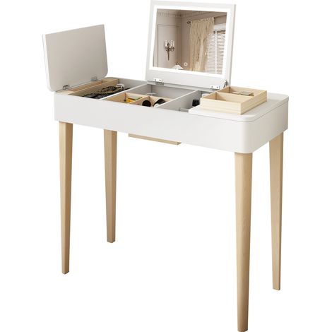 Coiffeuse, table de toilette, coiffeuse avec miroir, coiffeuse avec lampe, coiffeuse tout-en-un, laquée, blanche