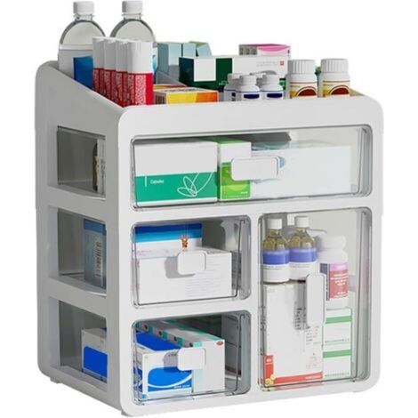 Boite rangement medicament, type de tiroir à 4 niveaux, boite a pharmacie rangement, boite medicaments rangement adaptées à un usage domestique et professionnel (1/5)