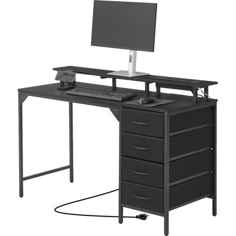 Bureau d'ordinateur 120 cm avec LED intelligentes et prises intégrées, 4 tiroirs spacieux, support moniteur, idéal pour bureau à domicile, espaces réduits, rangement facile, noir. (1/5)