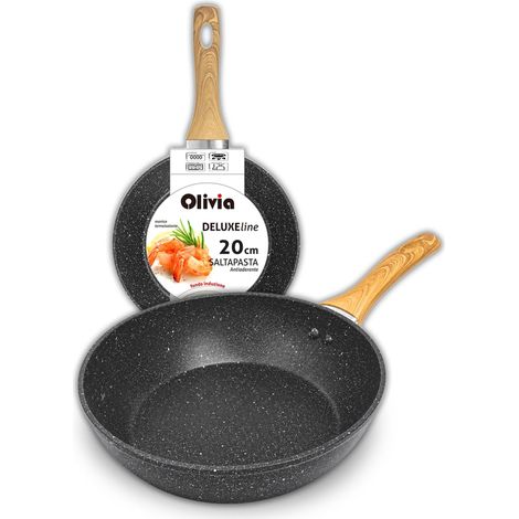 Poêle Anti-adhésive pour Fritures et Pâtes - Induction et Cuisinière à Gaz - 20 cm - Poêle Anti-adhésive en Aluminium avec Poignée en Bois sauter la Pâte, Frire des Légumes, Risotto (1/5)