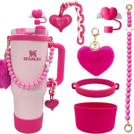 Ensemble d'accessoires pour gobelet, chaîne de perles, cordelette, chapeau de paille à motif bégonia, manchon en silicone et pendentif pompon en forme de cœur rose rouge (6 pièces) (1/5)