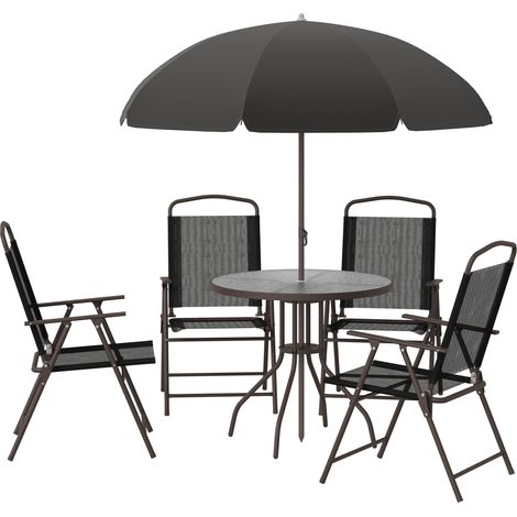 Table ronde + 4 chaises pliantes + parasol salon jardin 6 pcs acier époxy noir 140x80x75 cm