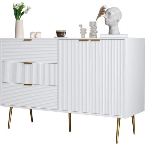 Aparador blanco y dorado con 3 cajones, 2 puertas con estantes interiores, diseño de ondas y tiradores dorados, ideal para salón, comedor o dormitorio CHICFURN (1/5)