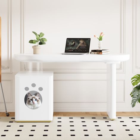 Bureau avec niche pour animaux - 117×50×76 cm - Pieds renforcés - Finition laquée - Blanc
