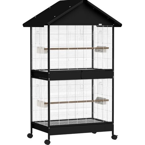 CHICFURN Grande voliera per uccelli XXL 94x70x158 cm nera con separatore rimovibile e ruote (1/5)