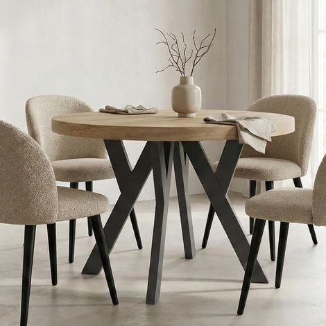 Table de salle à manger ronde extensible PERO, style loft, scandinave, diamètre : 90 / 140 cm, Couleur : Sonoma / Noir