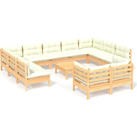 Maison Exclusive - Salon de jardin 12 pcs avec coussins crème Bois de pin massif (1/5)