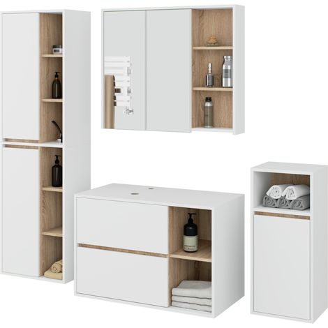 Hängendes Badezimmermöbel-Set VAMI in Weiß mit Innen in Sonoma Eiche mit Ausschnitten für Aufsatzwaschbecken (1/5)