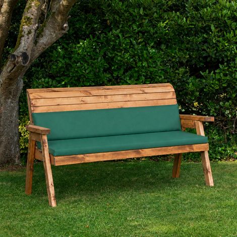 3 Seater Chunky Rustic Wooden Garden Bench & Waterproof Green Cushions (1/5)