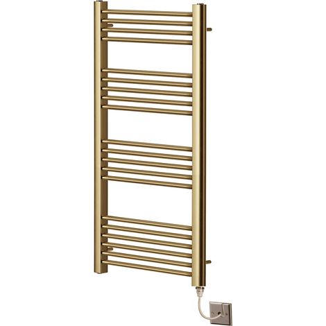 York Flat Brushed Brass Electric Towel Rail 500mm Wide x 1200mm High Bathroom Radiator (1/4)