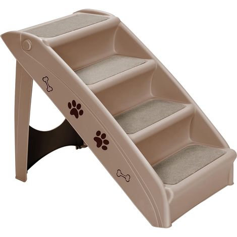 GOPLUS Escalier Pliable pour Animaux/Chien/Chat, Escalier en Plastique avec 4 Marches, Feutre Confortable et Coussinets Antiderapants, Charge Max 60KG(Marron)