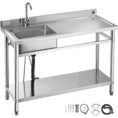 Évier cuisine utilitaire en acier inoxydable, évier professionnel autoportant à cuve unique gauche, avec robinet, tuyau d'eau chaude et froide pour garage, restaurant, buanderie, 120x50x94 cm (1/5)
