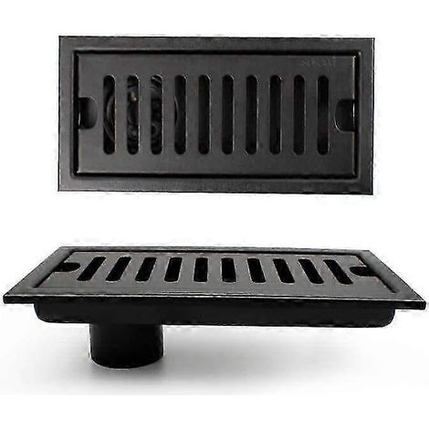 Bonde de douche rectangulaire avec grille en acier inoxydable, 20 x 10 cm, noire, pour une évacuation efficace de l'eau. (1/5)