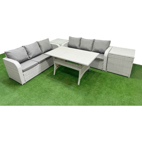 Fimous Outdoor Garden Furniture Sets 6 Seater Wicker Rattan Furniture Sofa Sets with Rectangular Dining Table high Back Lounge Sofa 2 Side Table Light Grey (1/4)