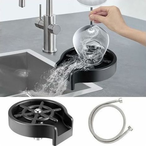 Enjuagador de vasos metálico automático para tazas de 2,1-11,2 cm, limpiador rápido de fregadero, lavadora de tazas de acero inoxidable, accesorio para grifos de fregadero de cocina, café, hotel y bar (1/5)