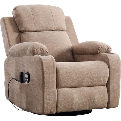 Fauteuil relax électrique pivotant à 360° avec fonction massage et chauffage électriques, dossier et repose-pieds réglables, poches de rangement latérales et porte-gobelets, taupe (1/5)