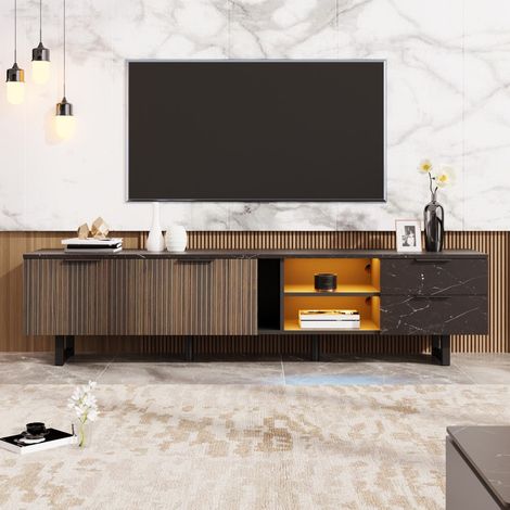 Mueble bajo para TV 200 x 38 x 50 cm - Diseño de mármol negro y madera oscura con iluminación LED - Negro y madera (1/5)