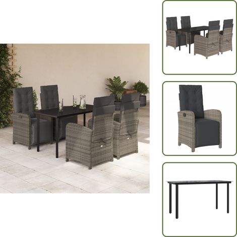 Rattanstuhl - vidaXL 5-tlg. Garten-Essgruppe mit Kissen Grau Poly Rattan - Gartenmöbel mit Kissen (1/5)