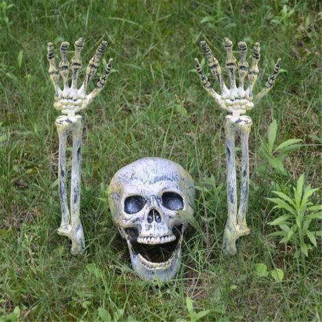 Crâne et bras de squelette d'Halloween, lot de 3. Décorations d'Halloween réalistes en forme de squelette pour intérieur et extérieur, accessoires de fête d'Halloween. (1/4)