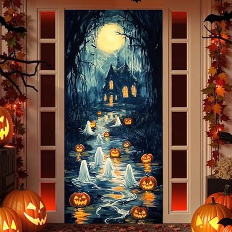 Décoration de porte effrayante pour Halloween - Bannière extérieure à suspendre - 90 x 180 cm (perforée + ruban) - Lot de 3