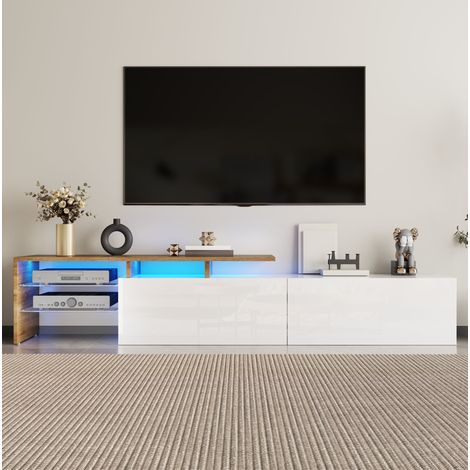 Mueble TV 170x33x33,5 cm blanco y natural, tablero de partículas con LED