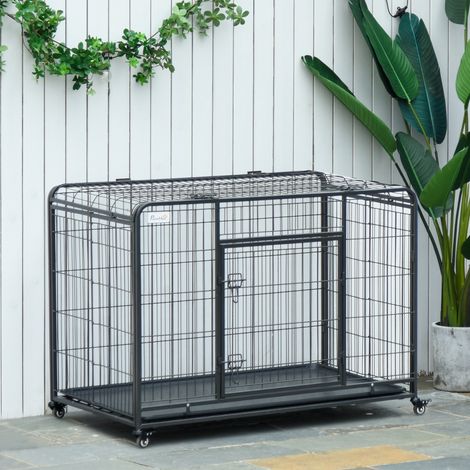Cage pliable pour chien double porte avec verrouillage, 4 roues freinées et fond amovible, 94x58x69.5 cm, gris (1/5)