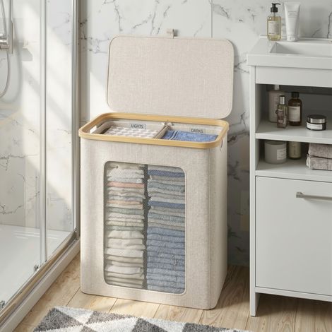 Klyvvo 140L Panier à Linge 2 Compartiments avec Couvercle (65 à 70 vêtements) - en Cadr Bambou & Tissu Oxford 600D Étanche - panier linge sale avec Sacs Intérieurs Amovibles - parfait pour la Buanderi