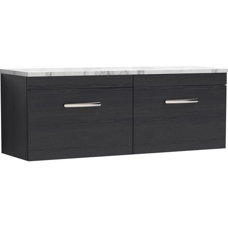 Nuie Athena Wall Hung 2-Drawer Vanity Unit with Carrera Marble Worktop 1200mm Wide - Charcoal Black Woodgrain (1/4)