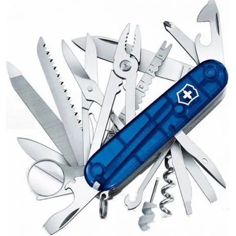 Navaja suiza Victorinox Swiss Champ, 33 diferentes funciones, con pinzas, tijeras y lupa, 185 gr, color azul transparente