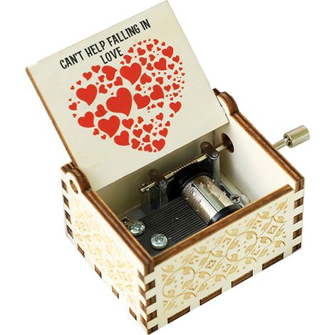 Boîte à musique en bois mécanique vintage romantique motif cœur gravé pin massif compacte idéal cadeau anniversaire mariage (1/5)