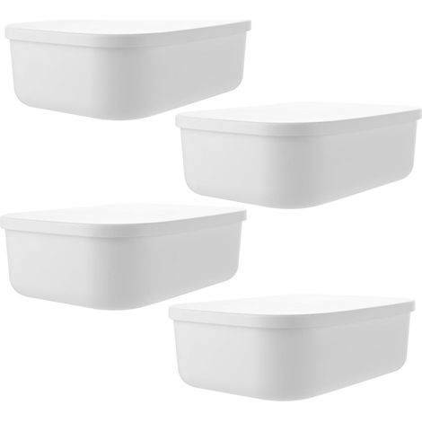 Lot de 4 paniers de rangement en plastique avec couvercle, 26 x 18 x 8 cm. Boîtes de rangement blanches avec couvercle et poignée, boîte de rangement empilable pour cuisine, salle de bain, bureau. (1/5)