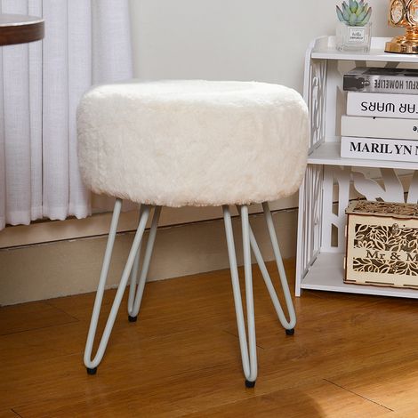 35CM Round Fluffy Velvet Dressing Table Stool Wire Legs, White