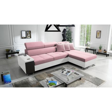 Bequemes Ecksofa mit Schlaffunktion MORENA I MAXI Kunstleder/Uttario Velvet Weiß/Rosa Rechts (1/5)