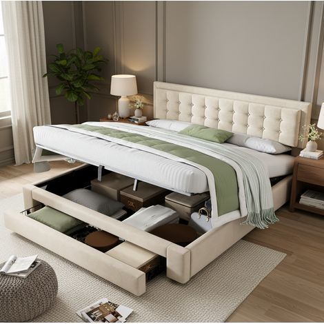 Cama de almacenamiento para adultos de 180x200 cm con cabecero ajustable, almacenamiento hidráulico, estructura estable y tapizada en terciopelo beige. (1/5)