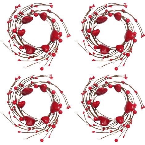 Set aus 4 Kerzenhaltern in Form von Mini-Weihnachtskränzen in Herzform mit roten Beeren, für Stumpenkerzen, als Tischdekoration für Hochzeiten oder Weihnachten. (1/2)