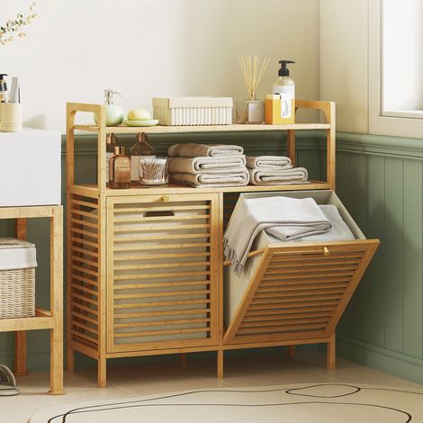 Étagère à linge avec 2 paniers, étagère en bambou indépendante pour salle de bain, buanderie, bois naturel + blanc crème